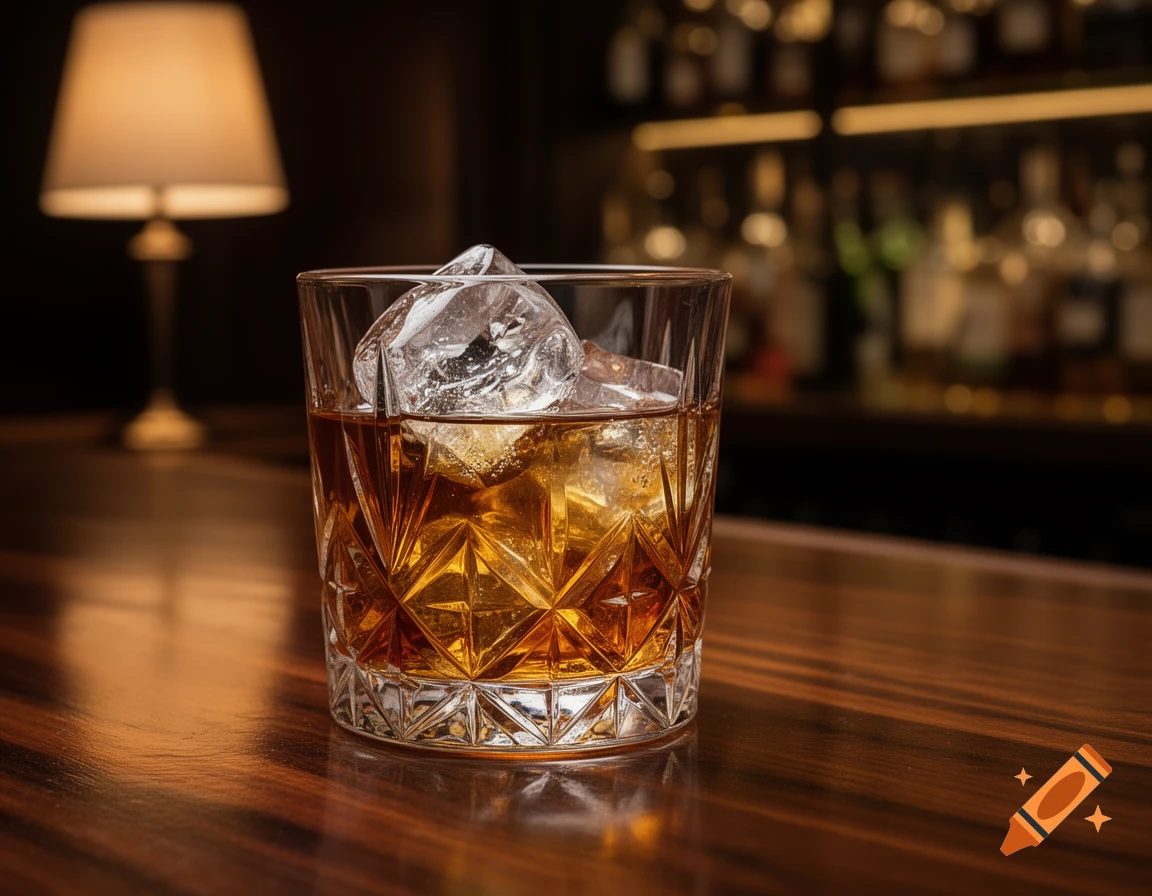 A photorealistic close-up of a glass of whiskey with ice on a glossy wooden bar counter, with a lamp and blurry bottles in the background.