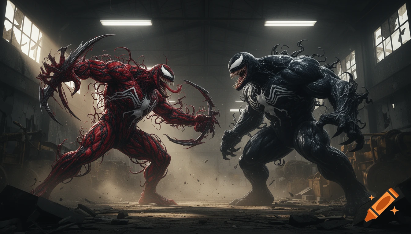 The red symbiote Carnage and the black symbiote Venom face each other in a dark, gritty industrial setting.