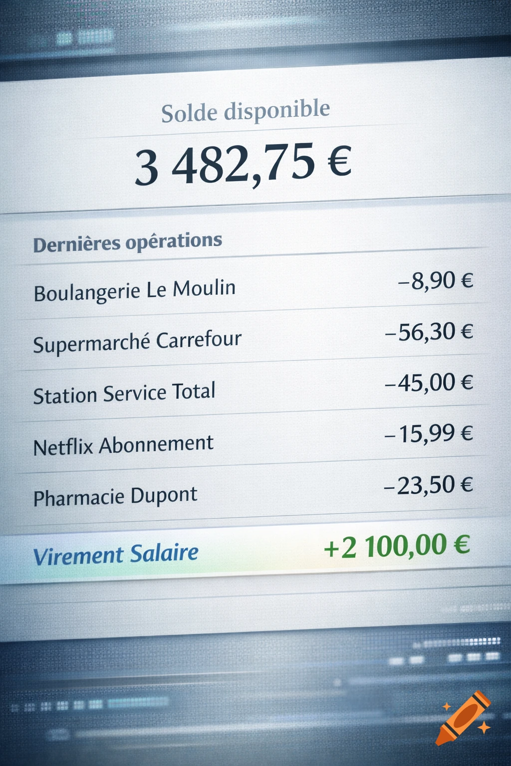 A close-up screenshot of a banking app in French, showing available balance, recent debits, and a salary transfer.
