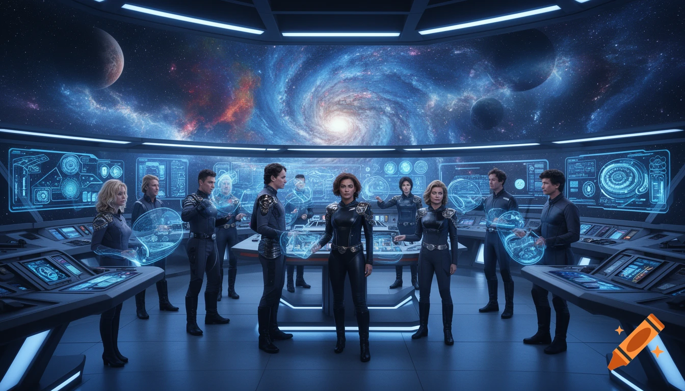 A diverse crew stands on a futuristic spaceship bridge with holographic controls, overlooking a galaxy and planets through large windows.