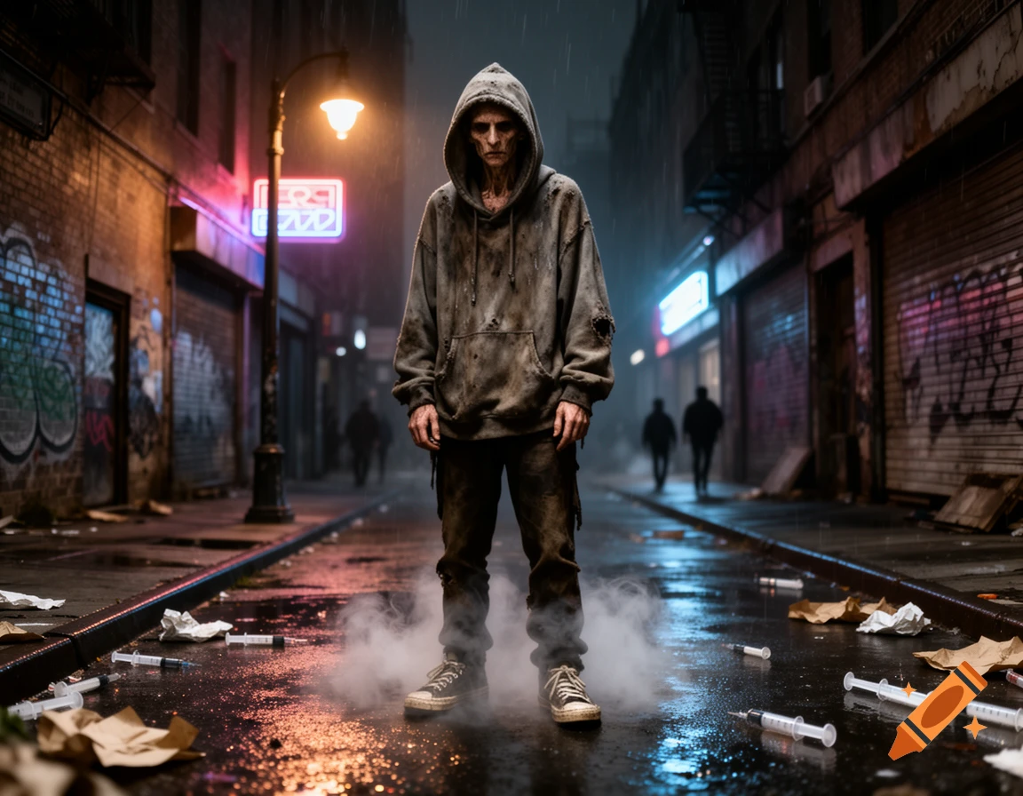 A gaunt figure in a tattered hoodie stands amidst smoke and discarded syringes on a wet, grimy street with neon lights in an urban fantasy style.