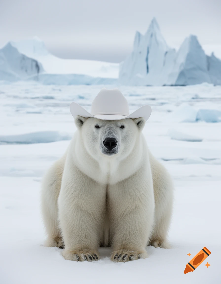 A photorealistic image of a polar bear wearing a white cowboy hat, sitting on snow in an arctic landscape with icebergs.