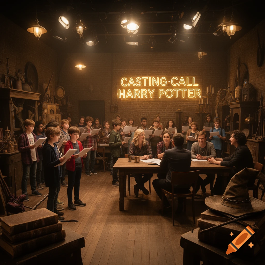 Children and adults at a Harry Potter casting call in a vintage room. A neon sign above them reads 'CASTING-CALL HARRY POTTER'.