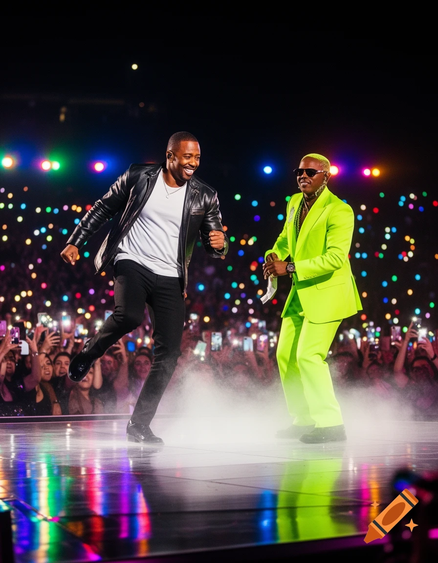 Two men dance on a brightly lit stage during a concert, one in a black leather jacket, the other in a neon green suit, with a phone-lit crowd in the background.