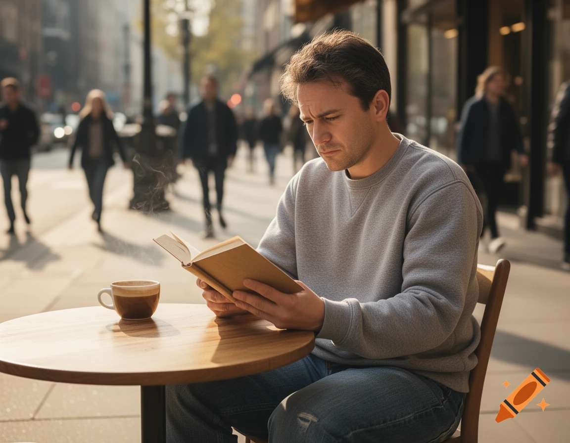 A man in a grey sweatshirt sits at an outdoor cafe table, reading a book with a steaming cup of coffee, people walk by in the background.