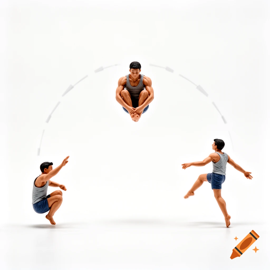 A man in a tank top and shorts performing a somersault in three stages, depicted in a stop-motion style on a white background.