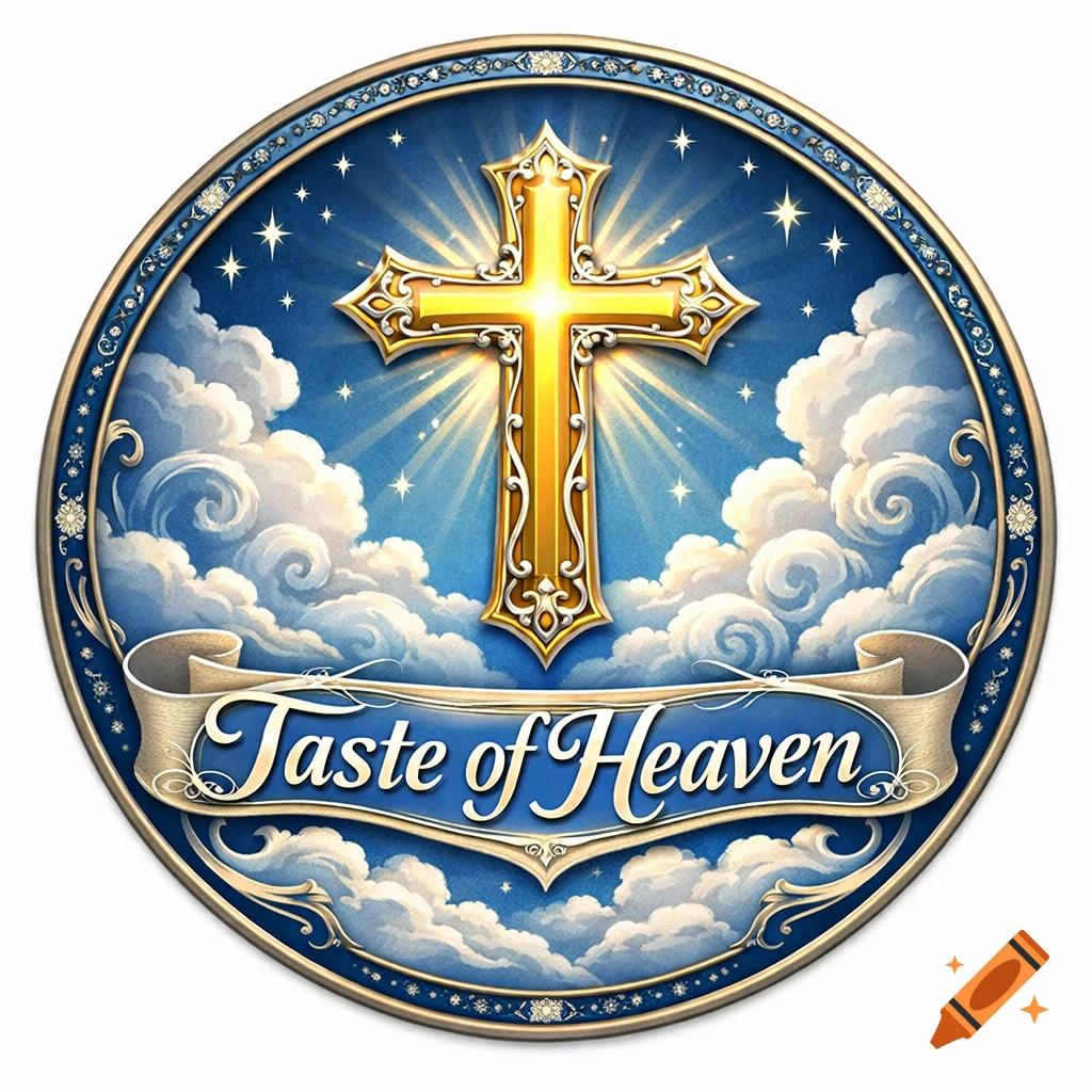 A round Christian logo featuring a glowing golden cross, clouds, and stars in a blue sky, with the text 'Taste of Heaven' on a banner.
