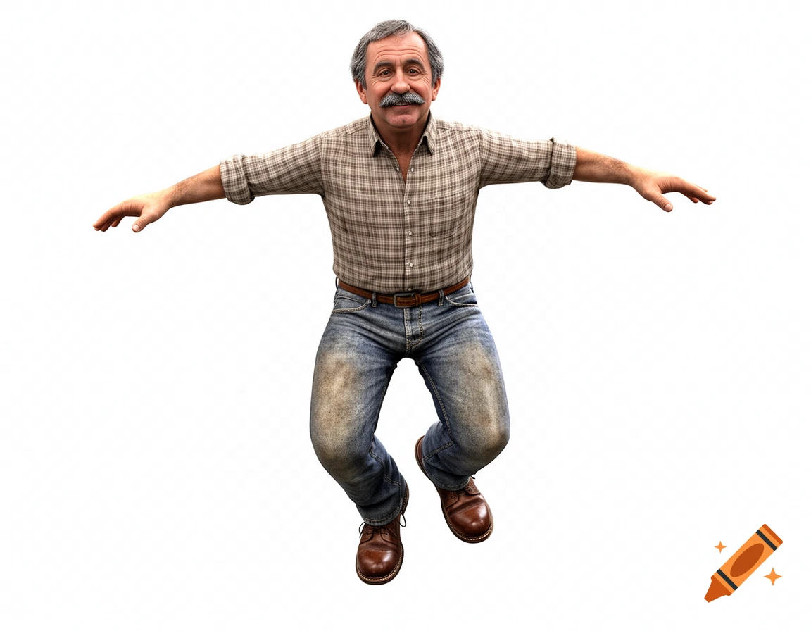 Photorealistic image of a man with a mustache, wearing a plaid shirt and jeans, floating with arms outstretched on a white background.