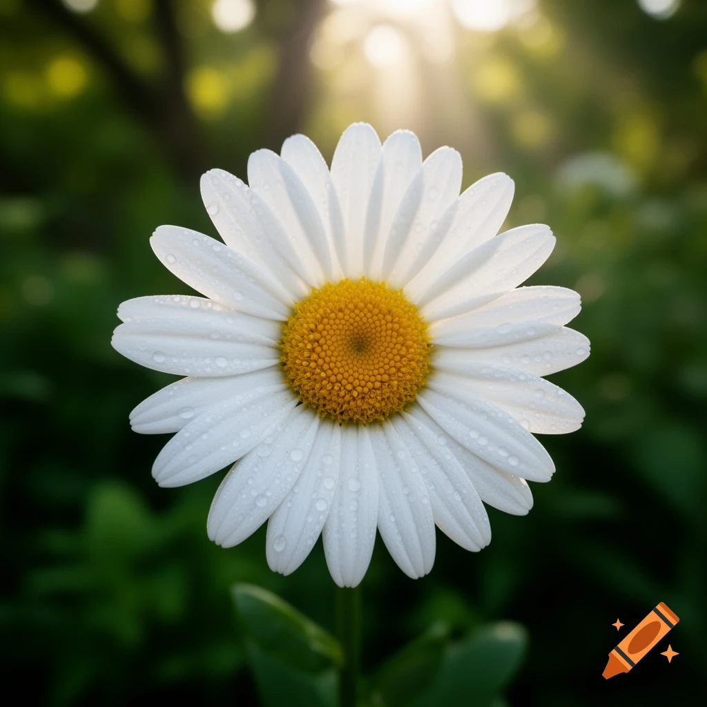 A close-up, photorealistic shot of a white daisy with a yellow center and water droplets on its petals, set against a blurred green background with sun rays.