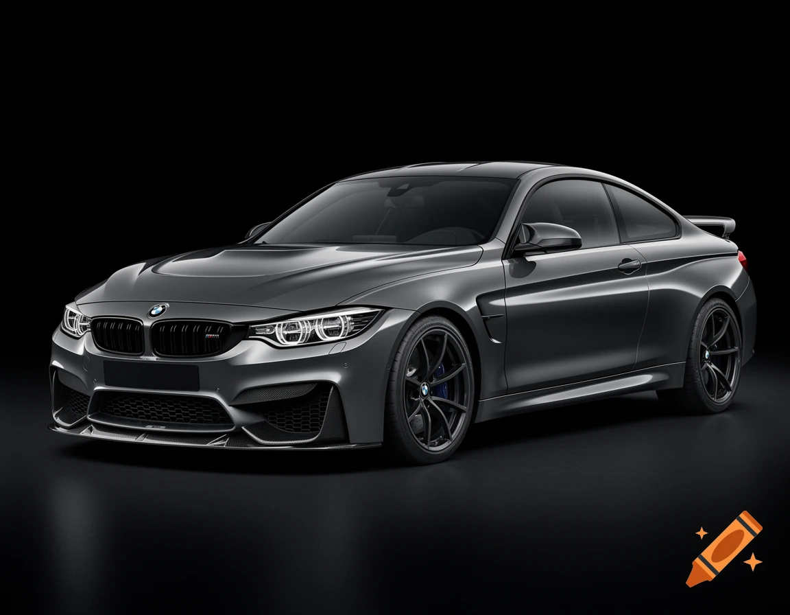 Photorealistic 3/4 front view of a dark grey metallic BMW M4 CS sports coupe in a studio with a black background.