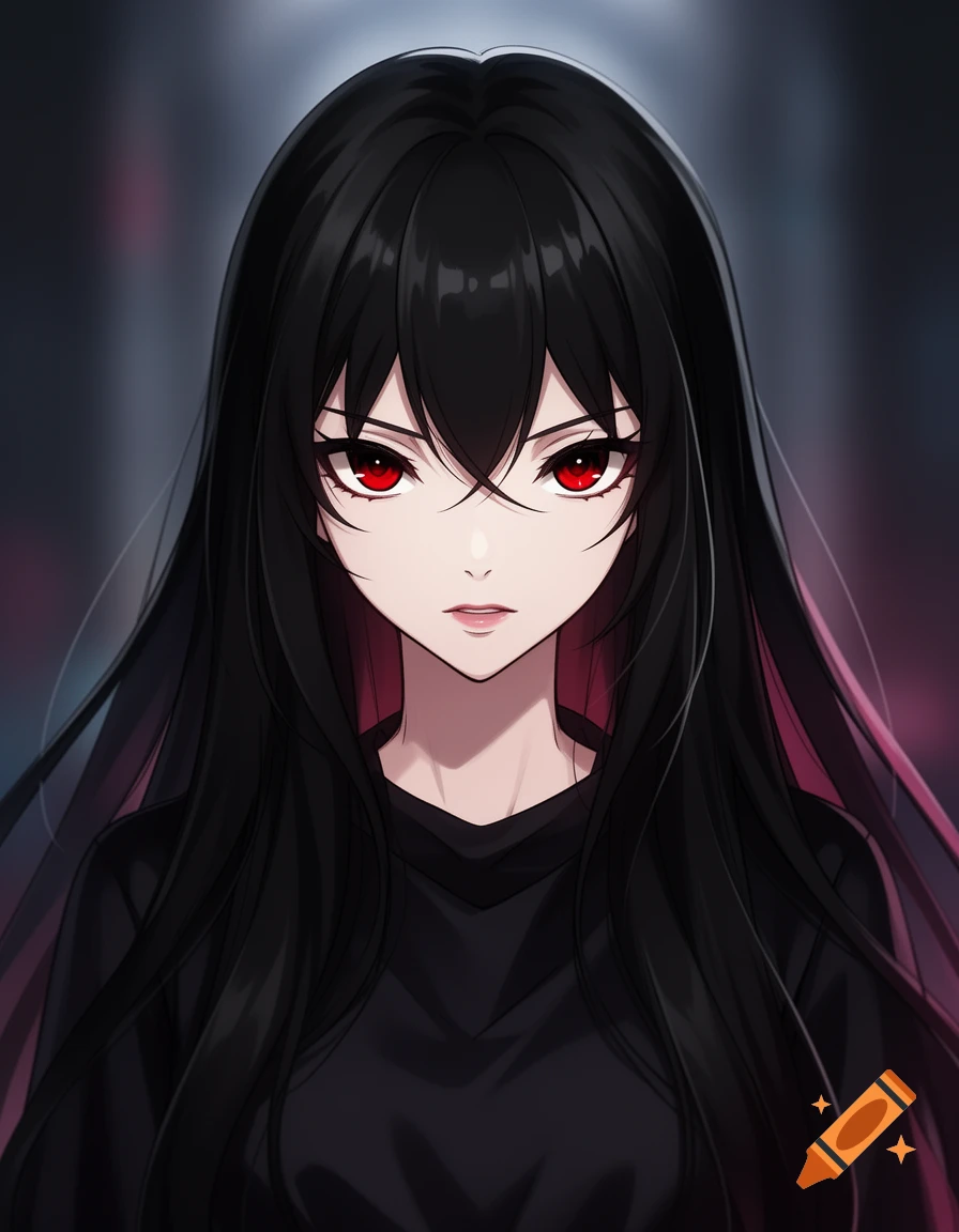 Anime portrait of a girl with long black hair and striking red eyes ...