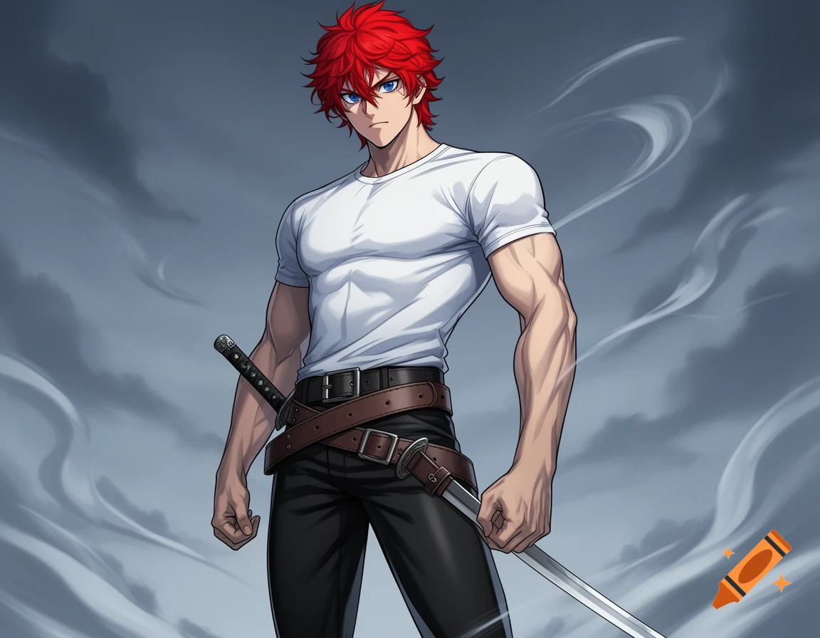 A muscular anime man with red hair and blue eyes, in a white t-shirt and black pants, holding a sword against a cloudy background.