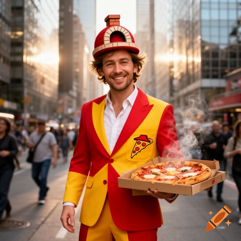 A smiling man in a red and yellow suit with a pizza oven hat holds a steaming pizza on a bustling city street.