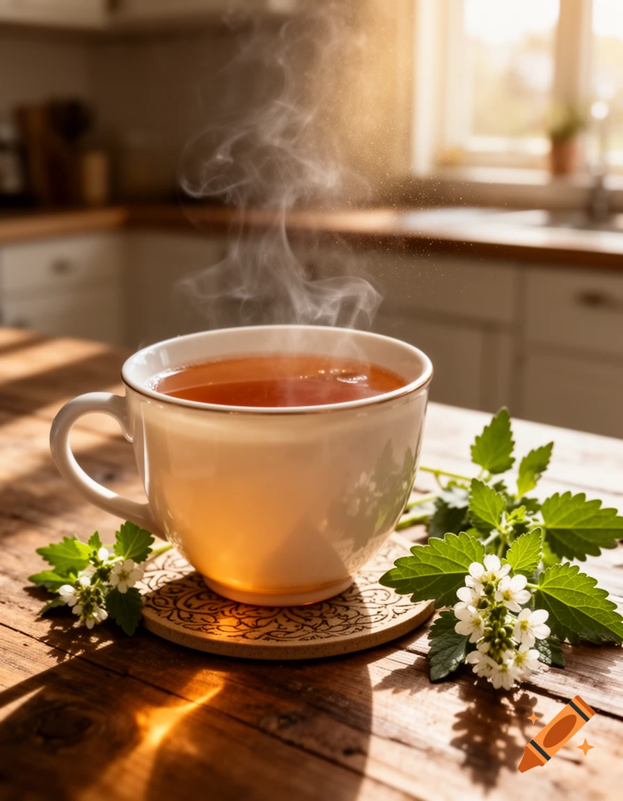 A steaming cup of herbal tea sits on a wooden table with green leaves and small white flowers in a sunlit kitchen, photorealistic.