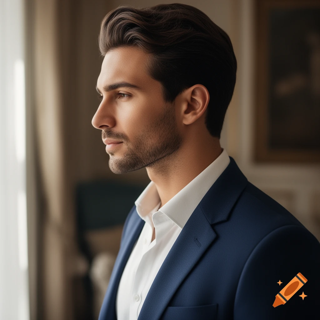 Photorealistic portrait of a stylish man in a blue suit and white shirt, looking out a window.