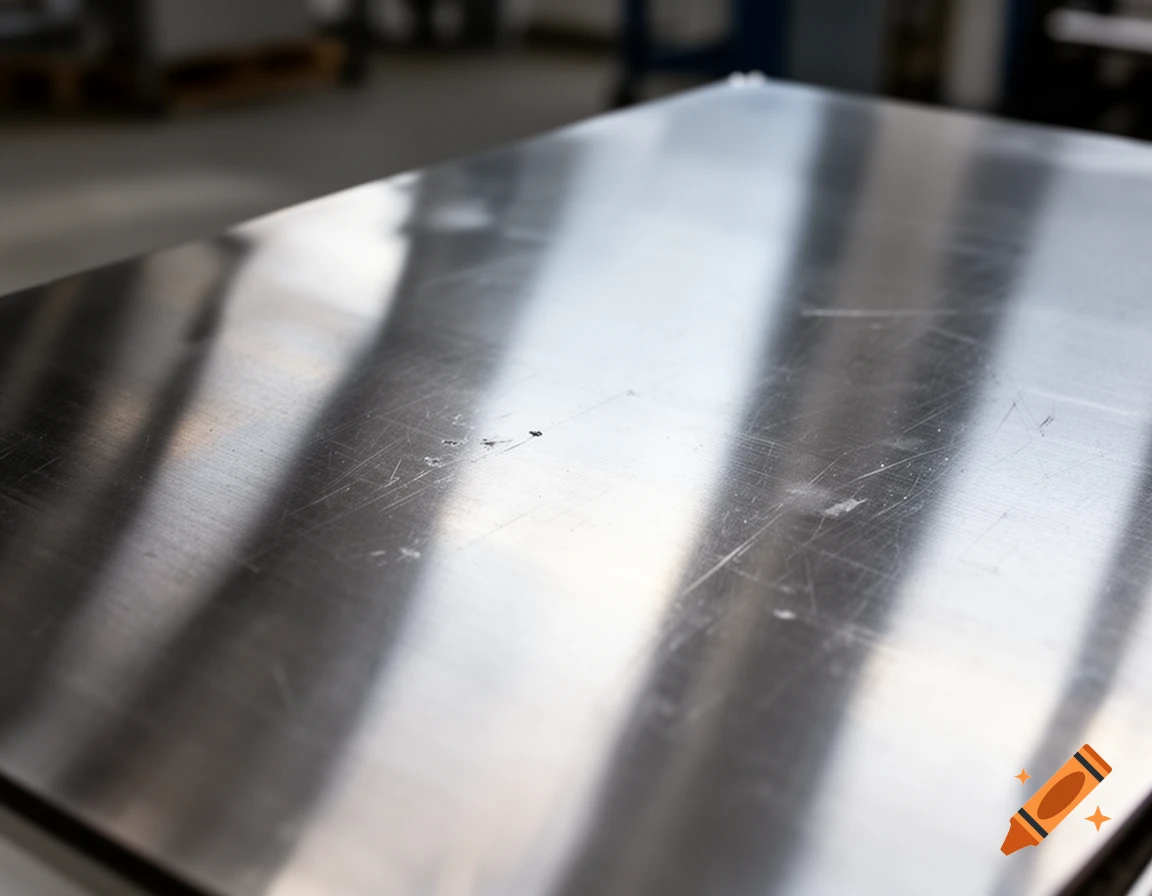 Close-up photorealistic image of a scratched, reflective metal surface with blurred reflections.