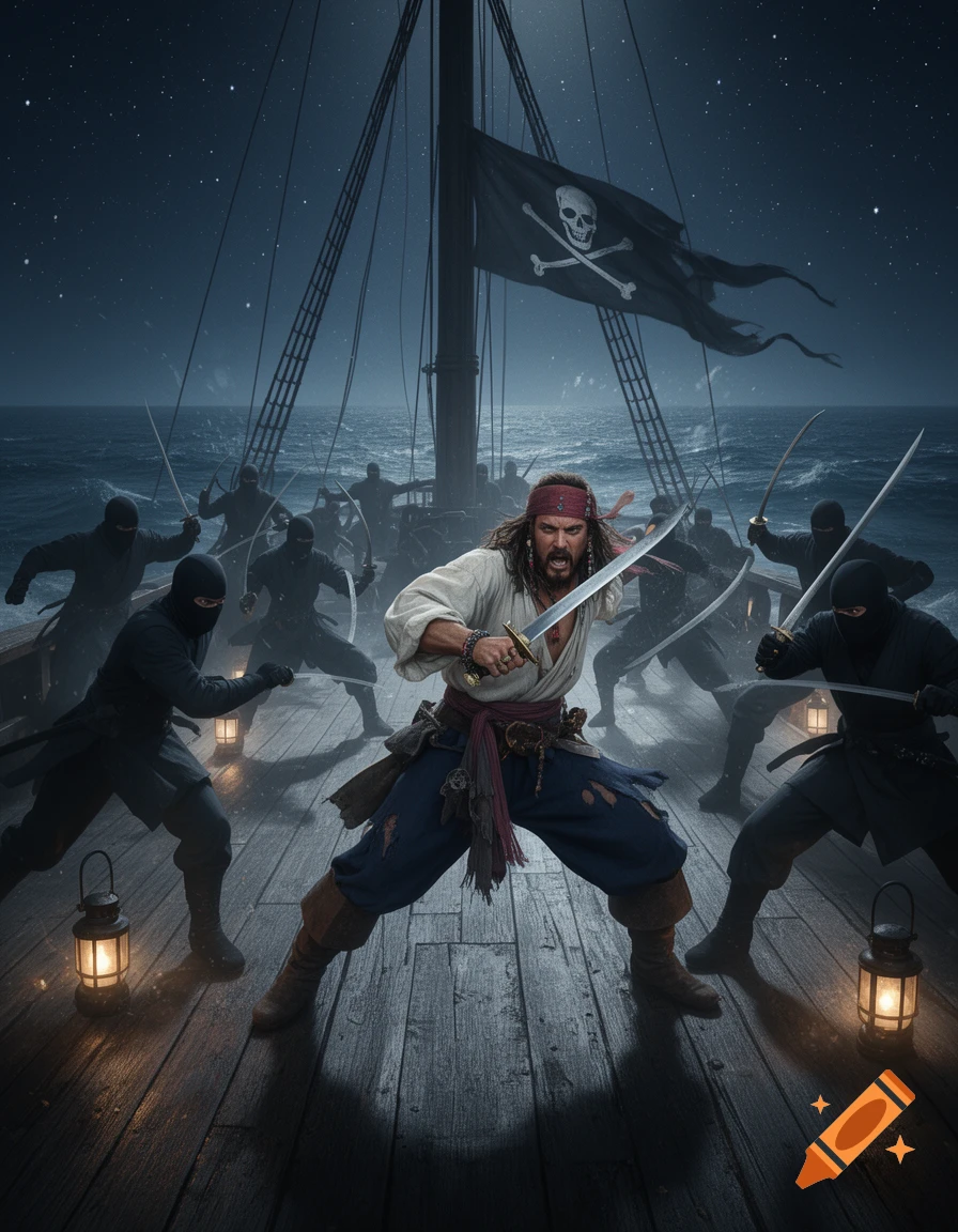 A fierce pirate with a sword battles multiple ninjas on the deck of a ship at night, under a skull and crossbones flag. Photorealistic.