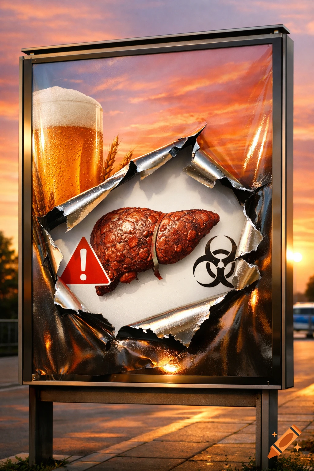Photorealistic billboard with a torn poster. The top shows beer and sunset, the tear reveals a diseased liver, a red warning sign, and a biohazard symbol.