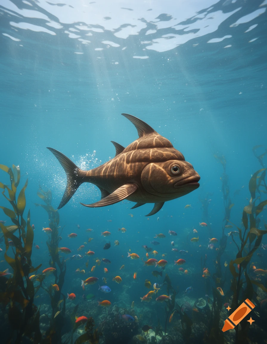 A unique, brown, segmented fish-like creature with fins swims in clear blue ocean water with sun rays, surrounded by smaller fish and kelp.