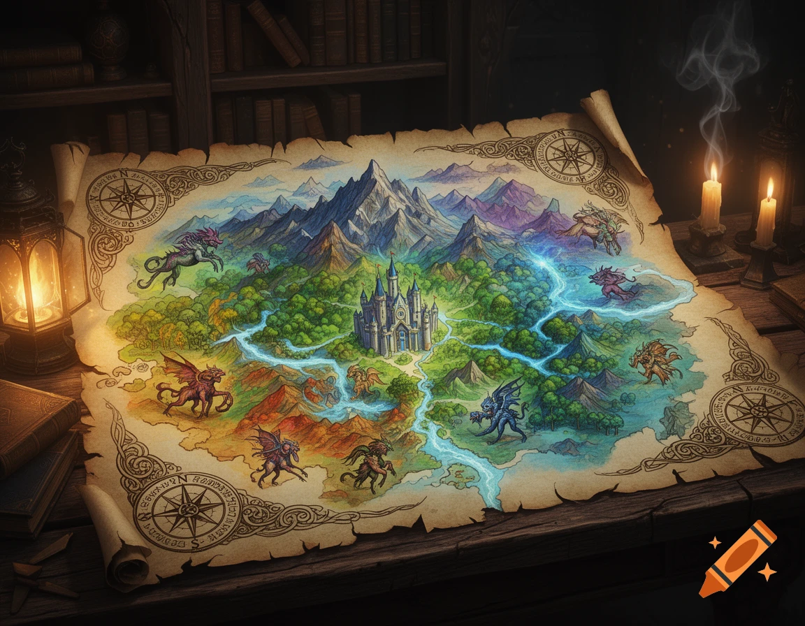 A detailed fantasy map featuring a castle, mountains, rivers, and mythical creatures, lit by a lantern and candles on a wooden table.