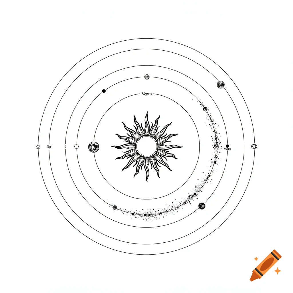 Black and white line art diagram of the solar system with the sun, planets, and an asteroid belt on a white background.