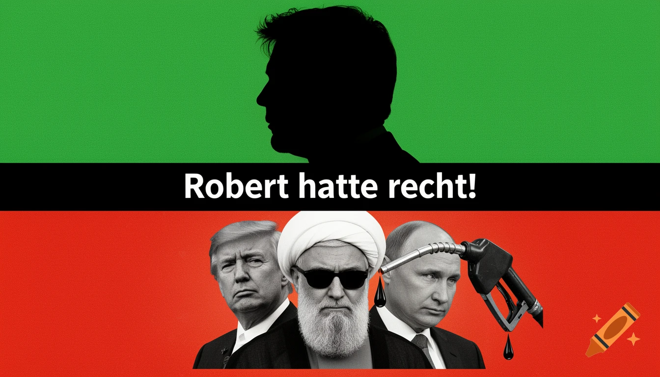 A political collage featuring a green top half with a black silhouette, a black bar with "Robert hatte recht!" text, and a red bottom half with black and white images of Trump, Khamenei, and Putin, with a fuel nozzle dropping oil.