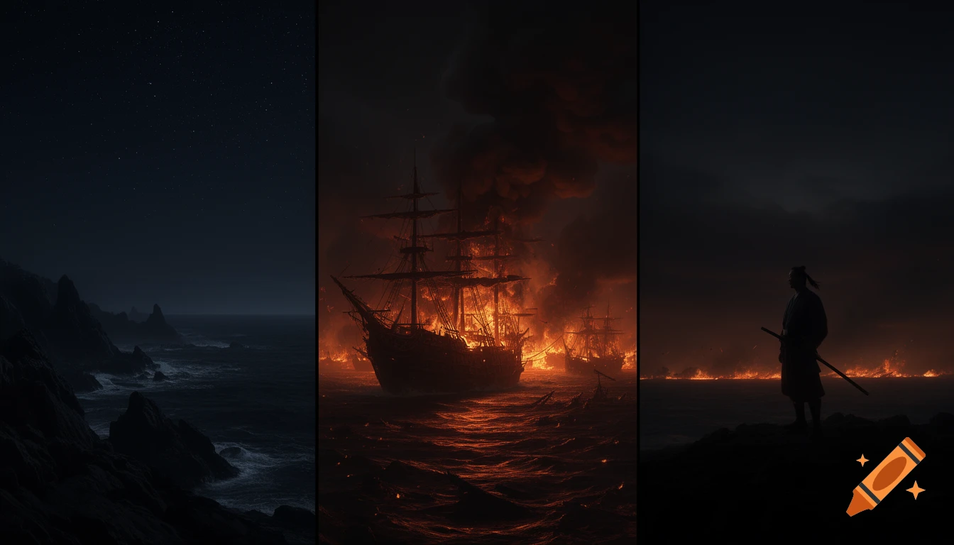 A triptych showing a dark rocky coast, massive burning ships at sea, and a lone samurai overlooking a fiery horizon at night in chiaroscuro style.
