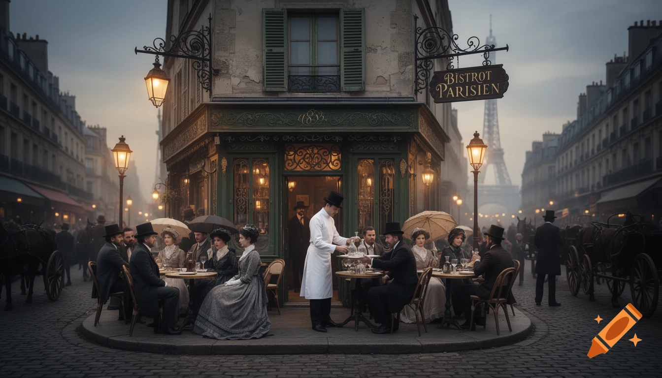 1860s Parisian street scene with a bistro, diners, cobblestones, and the Eiffel Tower in the background.