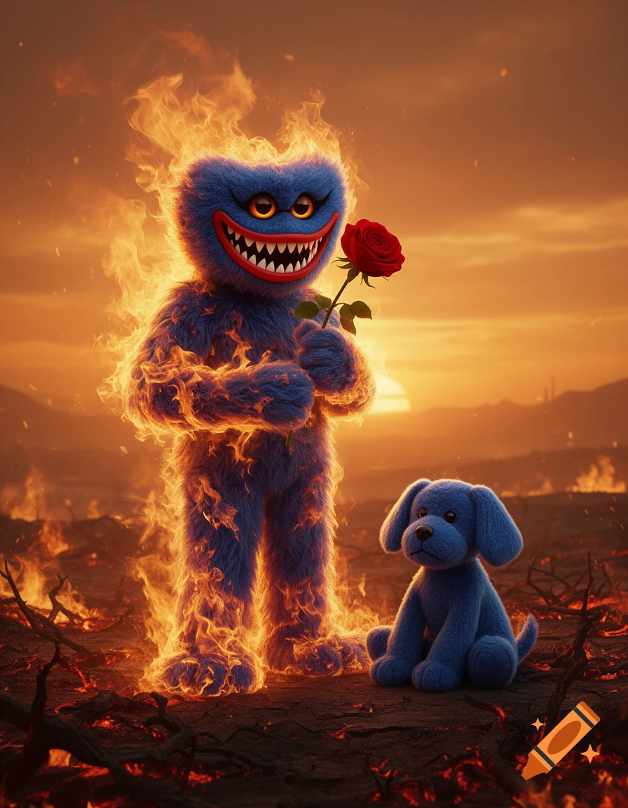 A blue furry Huggy Wuggy monster on fire holding a red rose next to a blue plush dog on burnt ground at sunset.