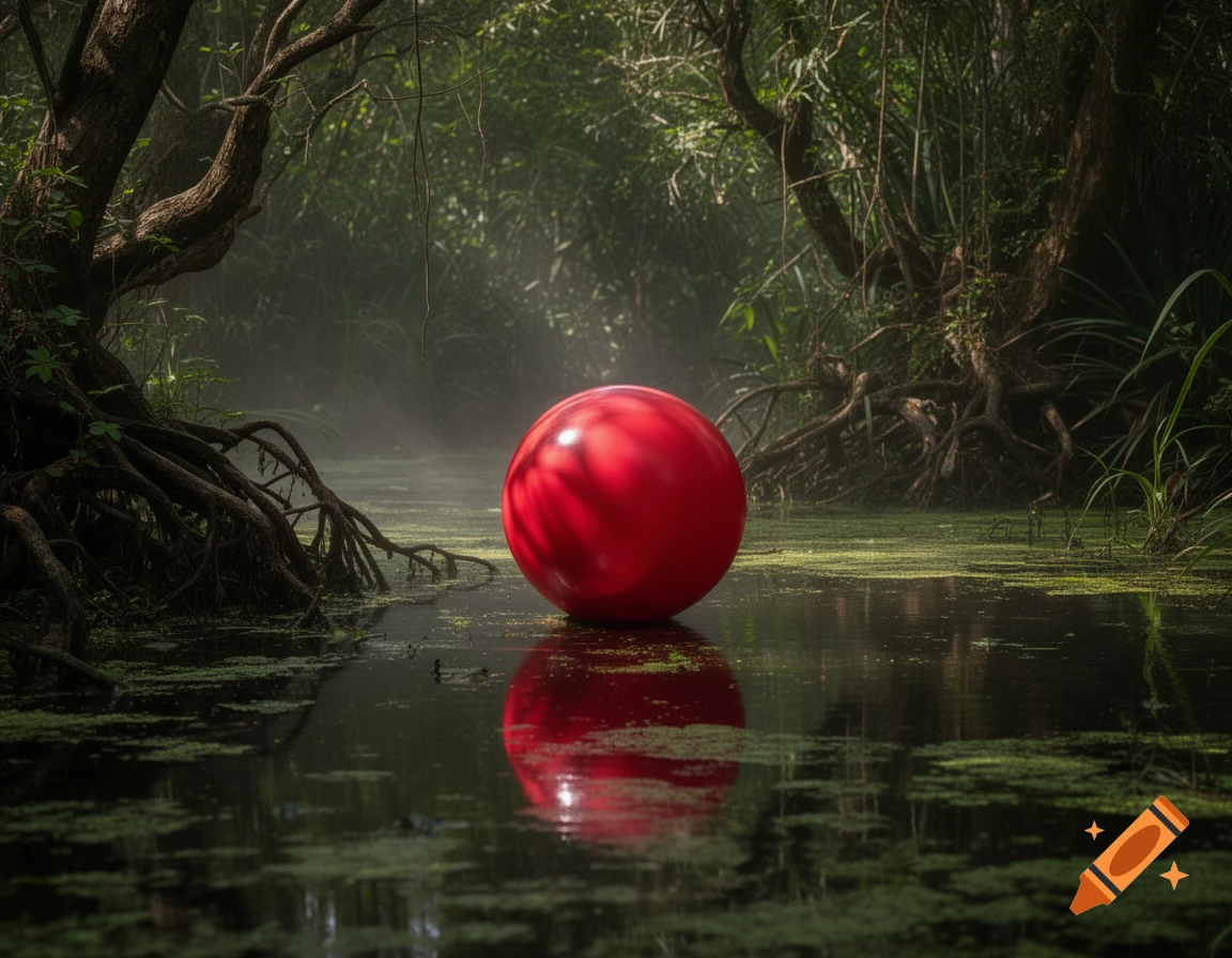 A vibrant red ball floats on dark, still swamp water covered in green algae, surrounded by tangled tree roots and misty foliage.