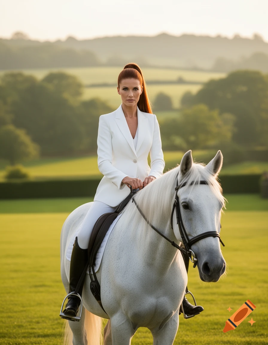A photorealistic image of a woman with reddish-brown hair in a ponytail, wearing white equestrian attire, riding a white horse in a green field.