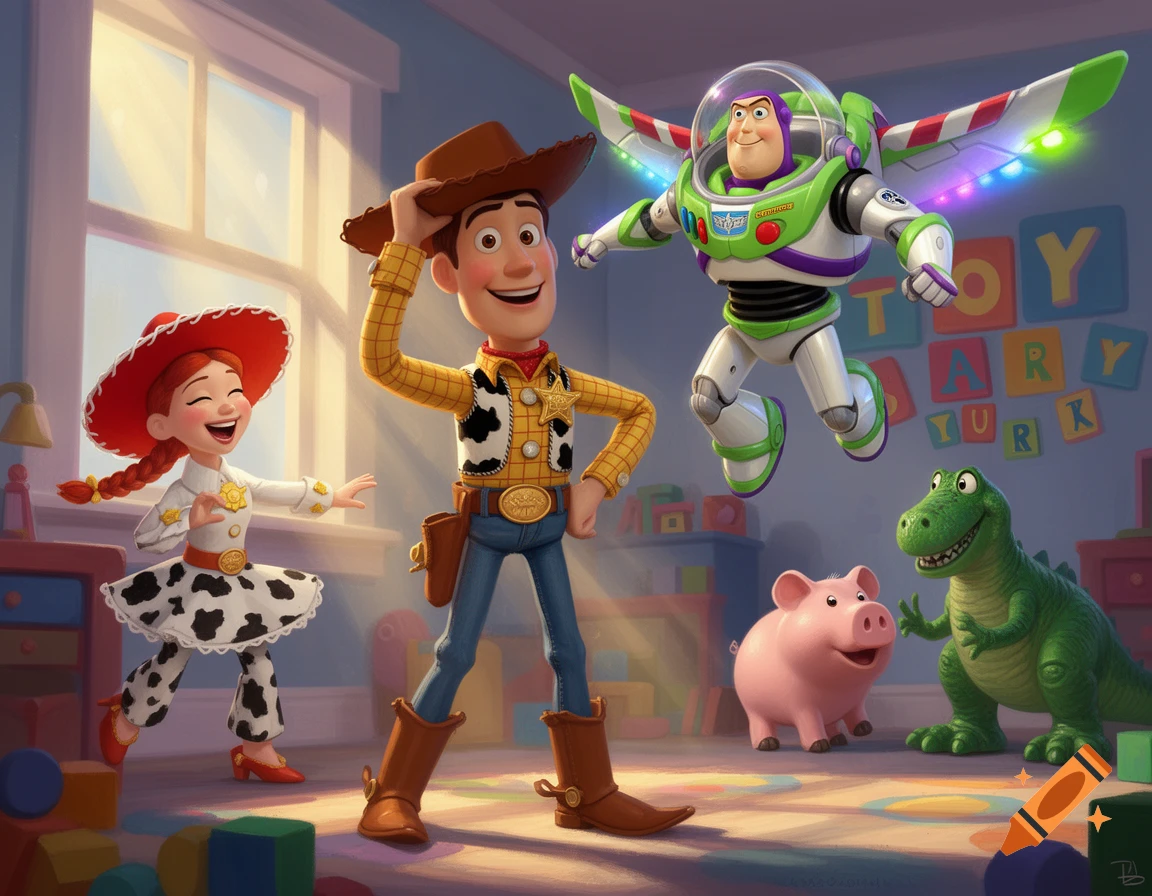 Animated Toy Story characters Woody, Jessie, Buzz, Hamm, and Rex smiling in a bright toy room with blocks.