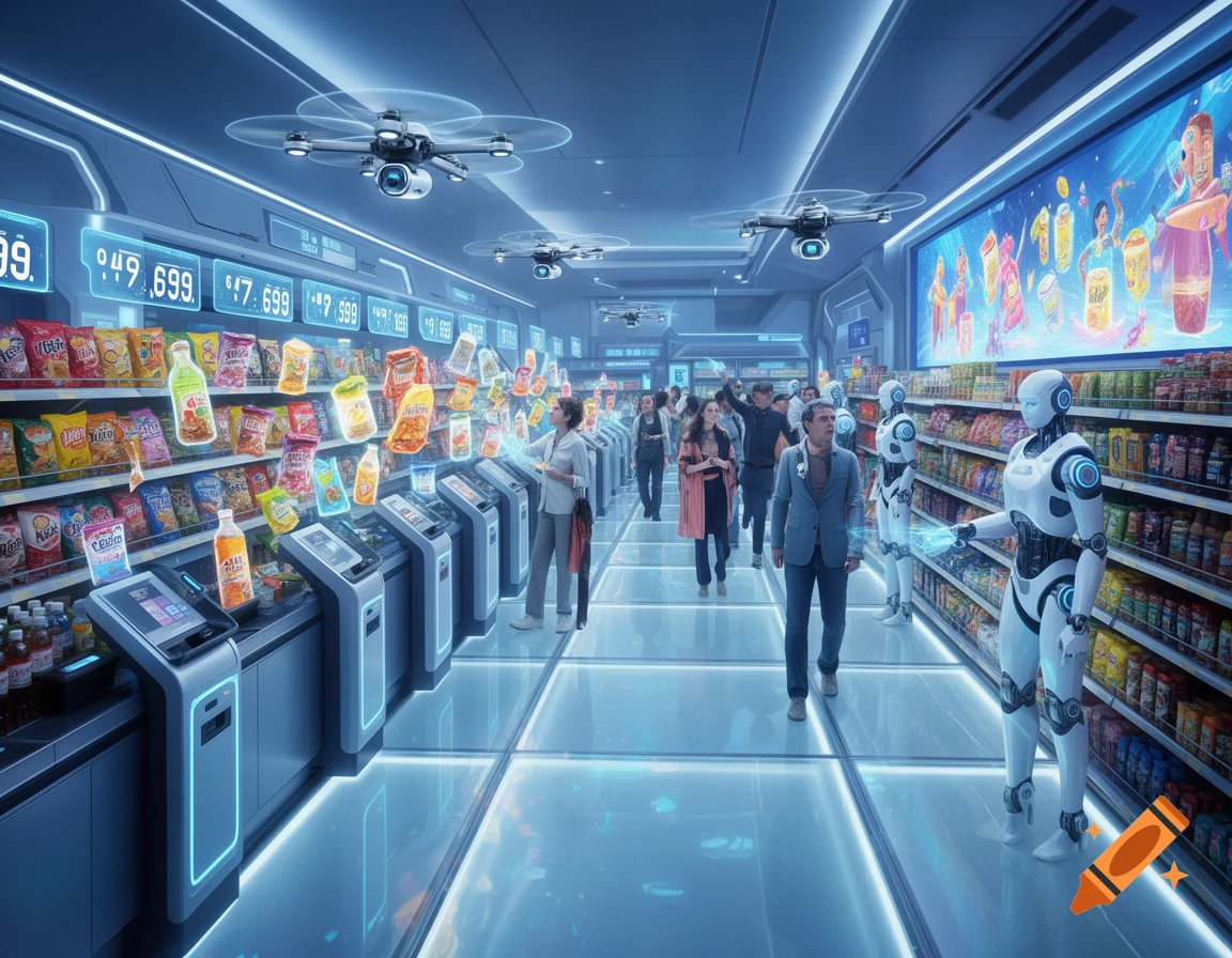 A busy futuristic convenience store with drones, robots assisting customers, floating product prices, and glowing blue accents.