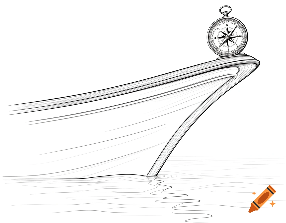 Line art illustration of a boat's bow with an antique compass on its front, floating on calm water.