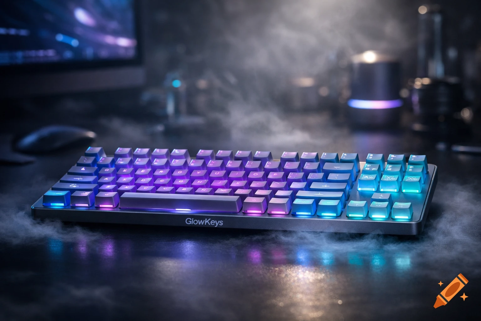 A futuristic 'GlowKeys' keyboard with glowing neon blue, purple, and cyan keys on a dark, smoky desk. Photorealistic product render.