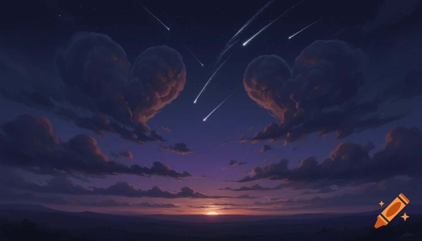Artistic dark sky with heart-shaped clouds, a purple sunset glow, and shooting stars.