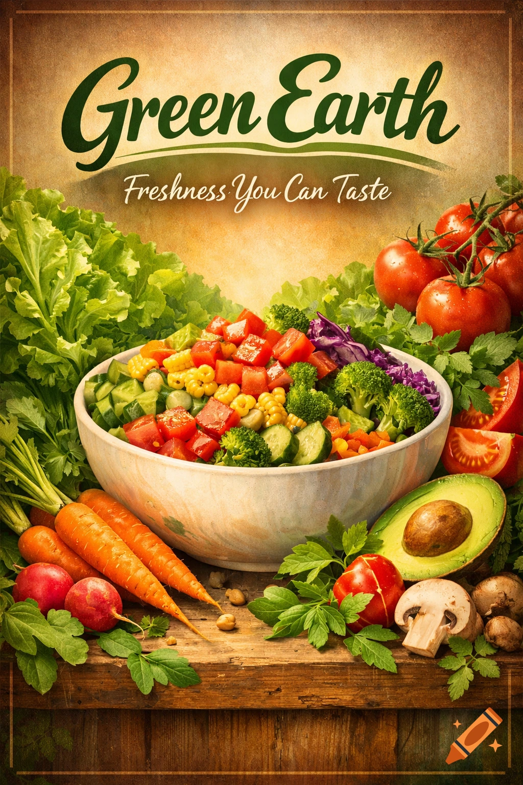 A vibrant poster for Green Earth vegetarian restaurant, featuring a fresh salad bowl and various vegetables. Text reads 'Freshness You Can Taste'.