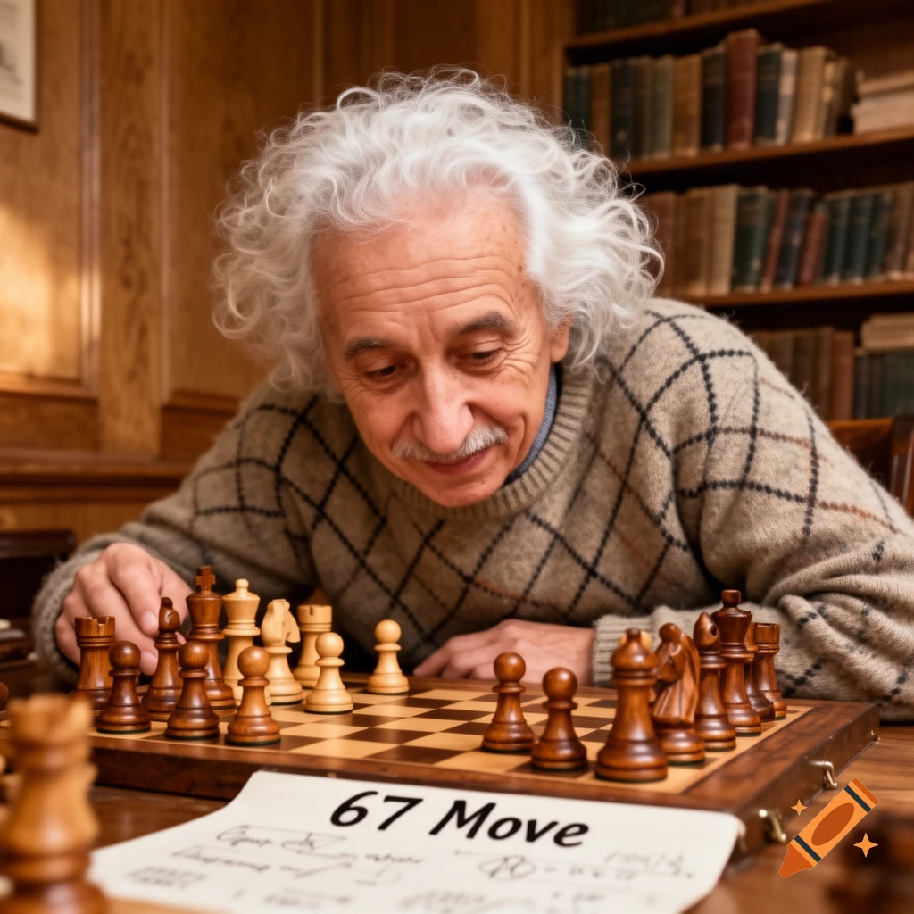 An elderly Albert Einstein with curly white hair plays a game of chess, looking down at the board intently. A piece of paper with "67 Move" written on it lies in the foreground. A bookshelf is visible in the background.