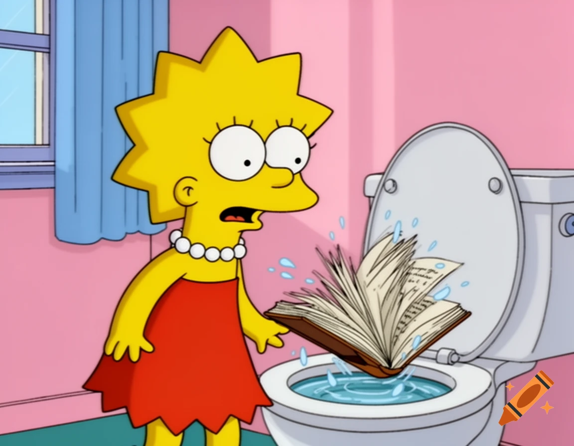 Lisa Simpson with a shocked expression as she accidentally drops a book into a toilet, splashing water.