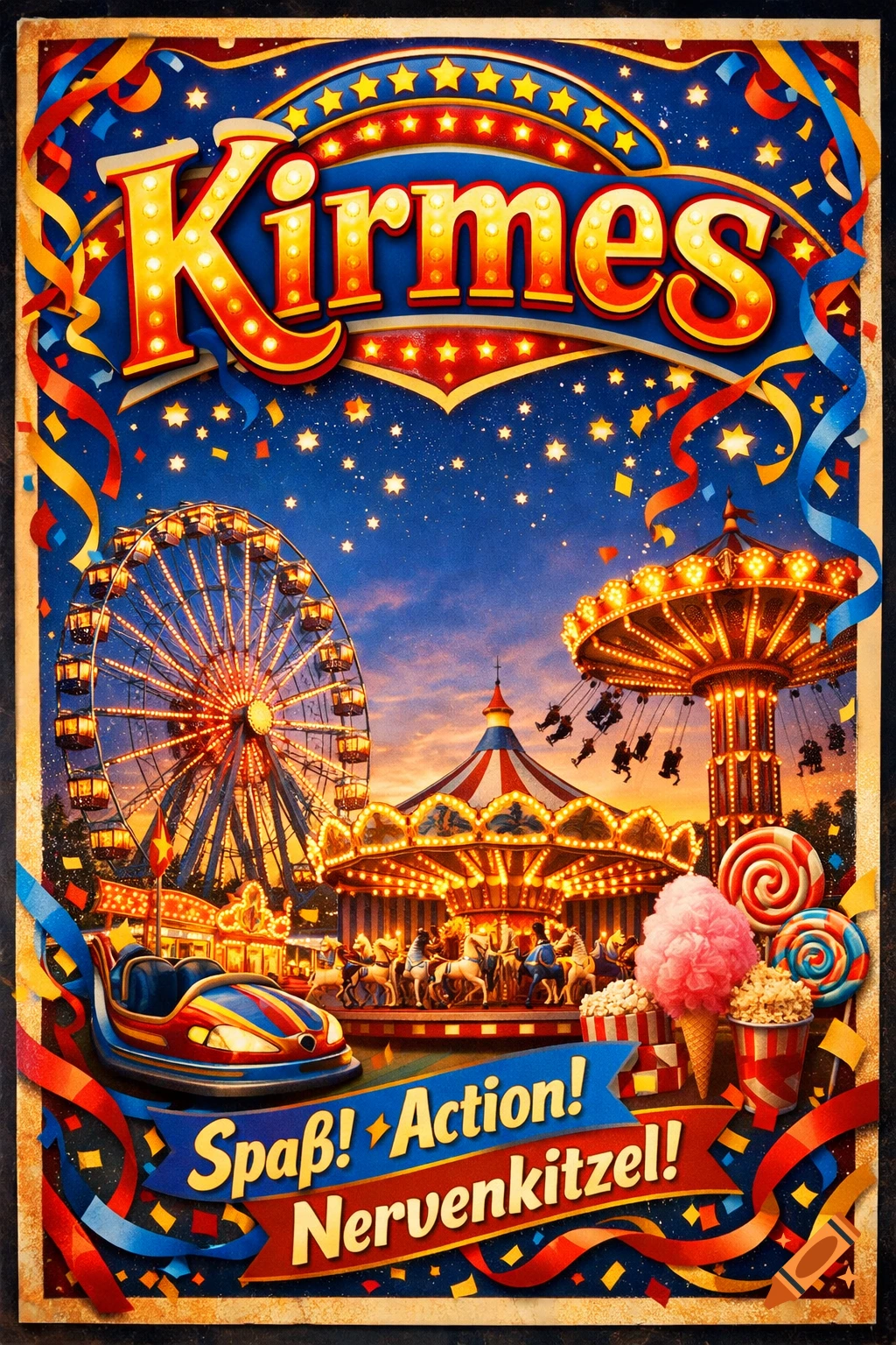 Vibrant poster of a fairground (Kirmes) at dusk with a Ferris wheel, carousel, and sweets, under a starry sky.