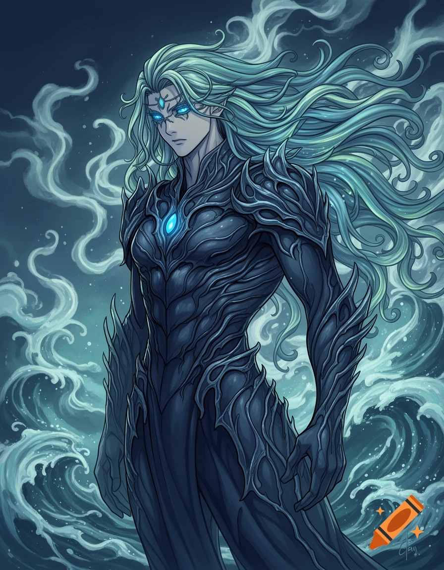 Anime-style fantasy figure with flowing blue-green hair, glowing eyes, and dark, intricate armor surrounded by swirling mist and waves.