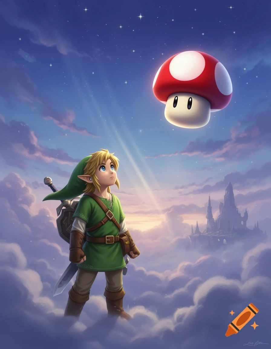 Link from Zelda looks up at a Super Mario mushroom, standing on clouds under a starry sky with a distant castle.
