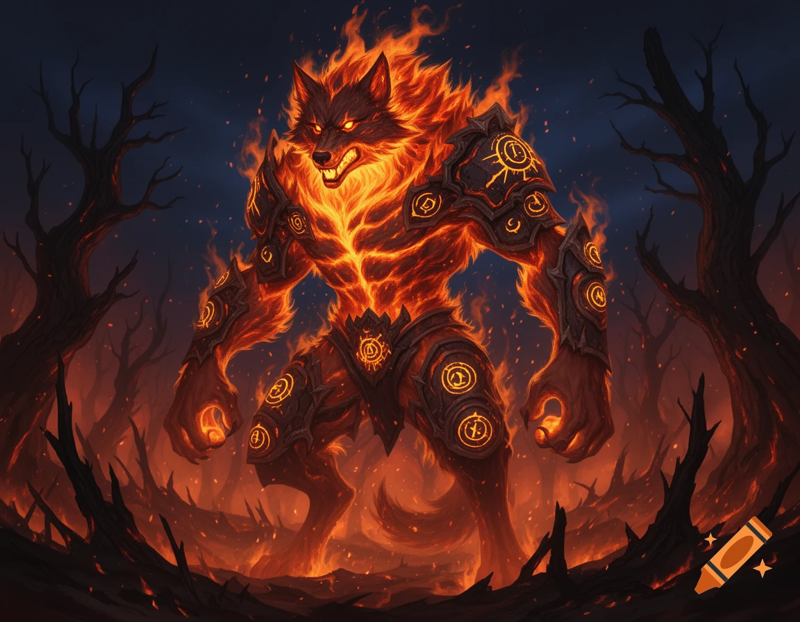 A fierce, fiery werewolf monster with glowing eyes and armor stands in a burning forest at night, in a fantasy art style.