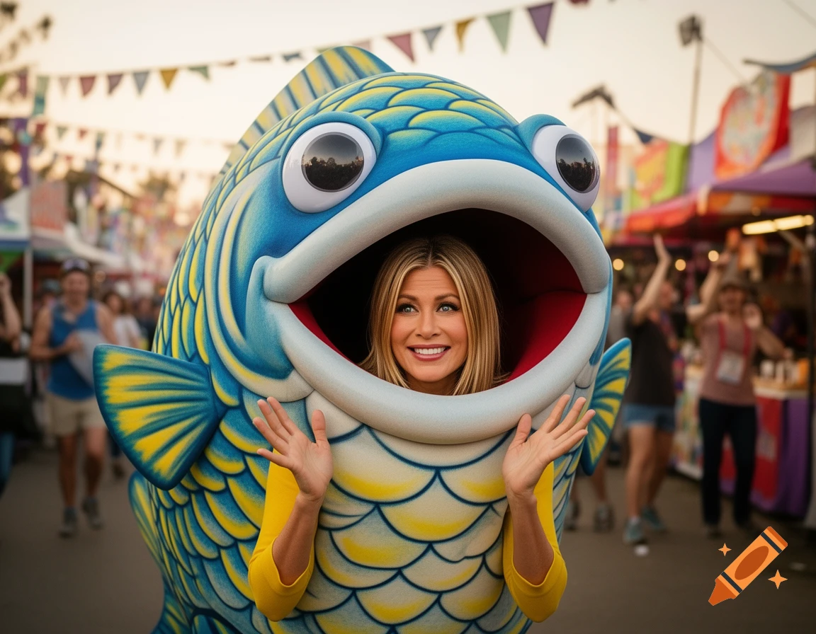 Jennifer Aniston smiles from inside a large blue and yellow fish mascot at a lively outdoor festival.