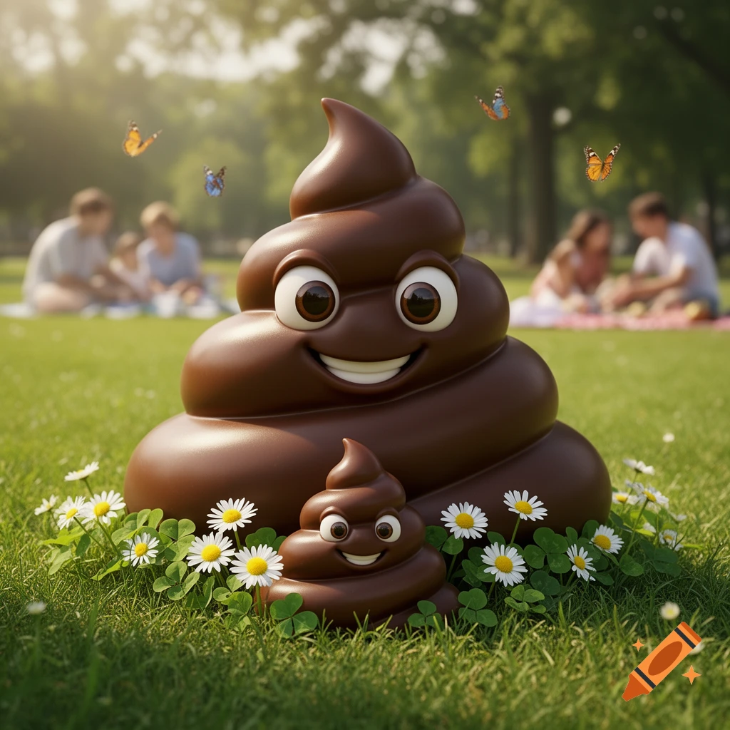 Smiling poop emoji characters, one large and one small, sit in a sunny grassy park surrounded by daisies and clover, with blurred people and butterflies in the background.