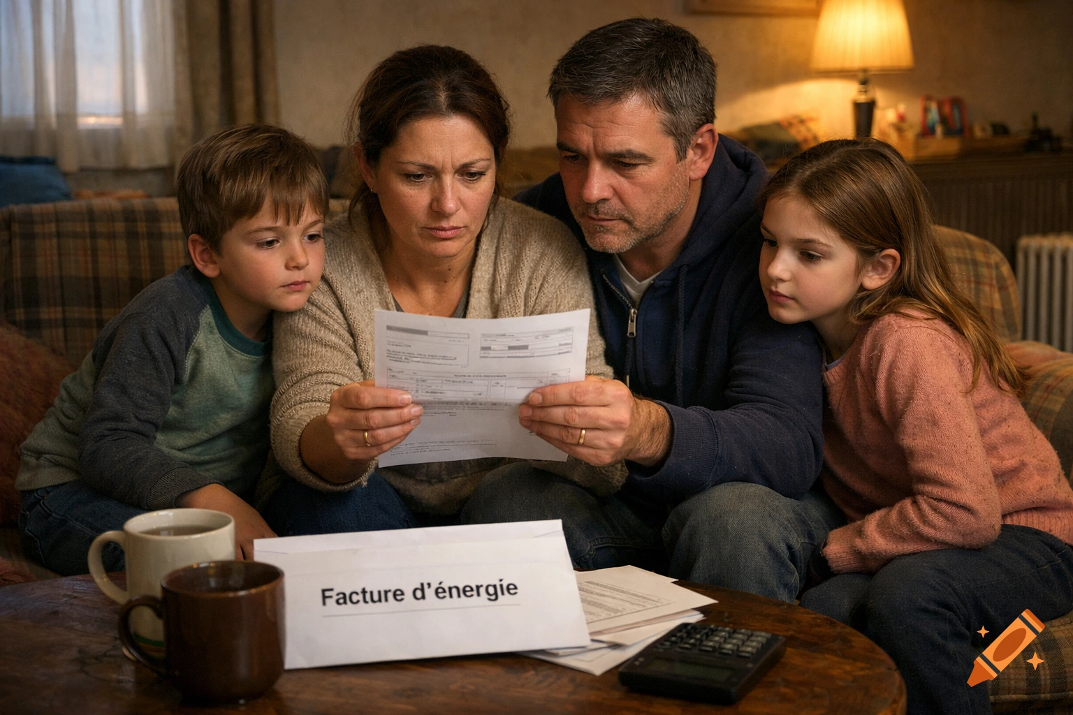 A worried family, two parents and two children, sits in a living room, intently looking at an energy bill.