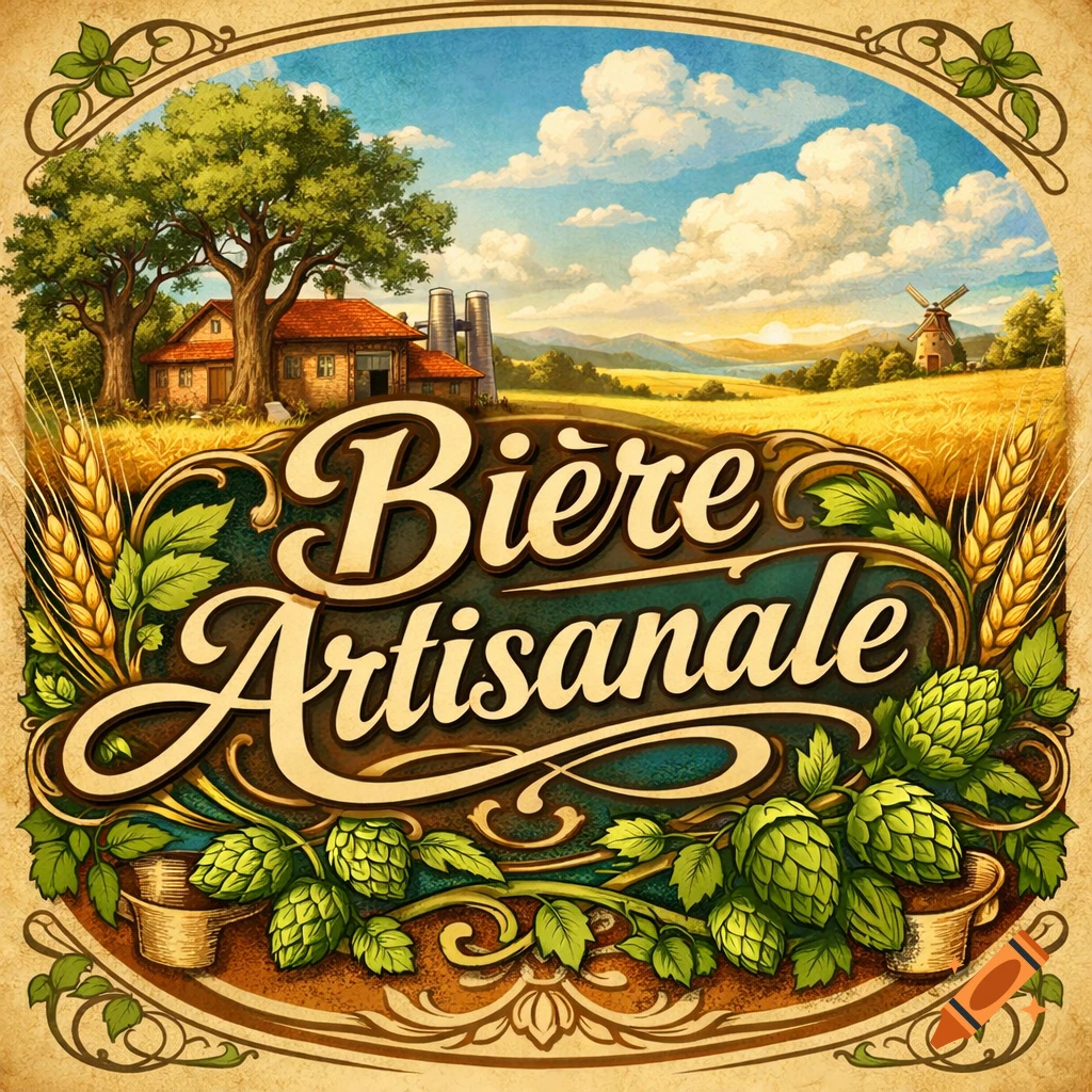 An illustrated beer label with "Bière Artisanale" text, featuring a pastoral landscape with a farmhouse, fields, and a windmill, framed by hops and wheat.