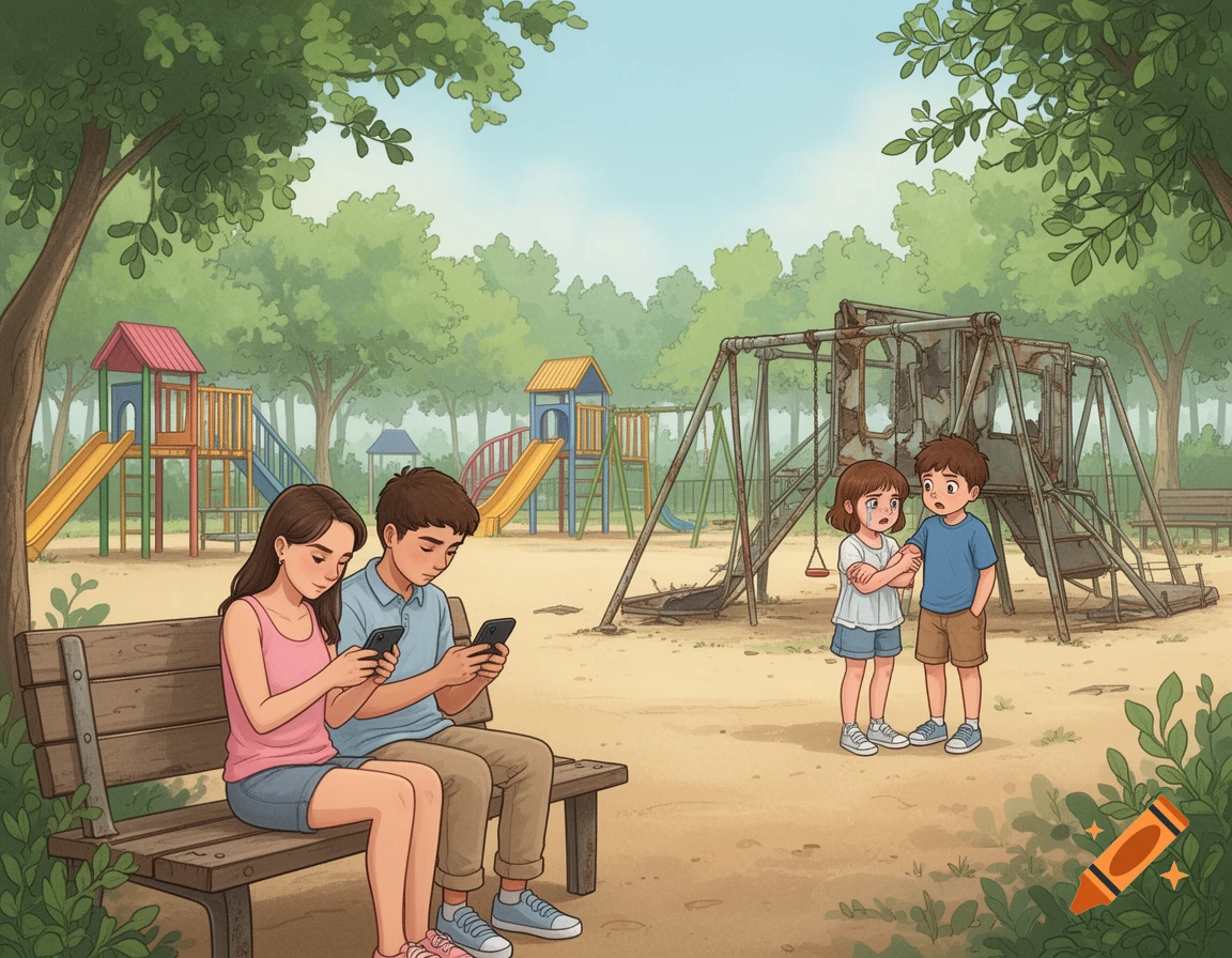 Illustration of two adults on a bench looking at phones while two upset children stand by a broken playground structure.