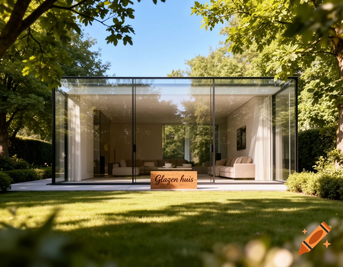 Photorealistic modern glass house in a lush green garden with trees under a clear blue sky.