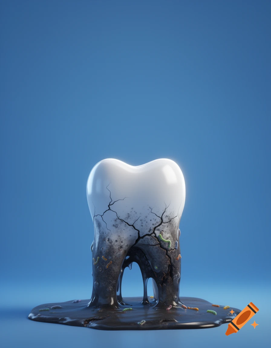 A dramatic 3D illustration of a white tooth melting into dark, cracked decay with bacteria on a blue background.